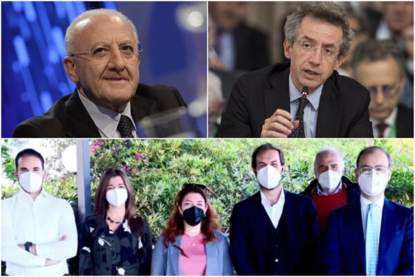 In alto da sinistra Vincenzo De Luca e Gaetano Manfredi.
In basso il patto tra Pd e 5 Stelle siglato in un bar di Posillipo