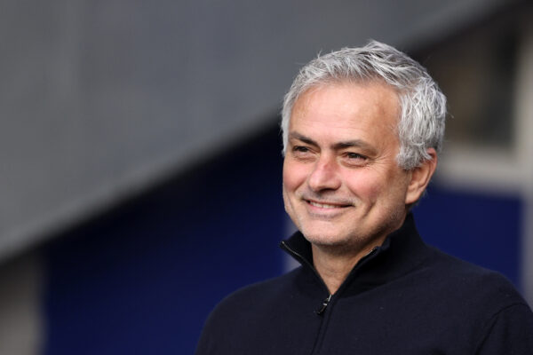 Tottenham’s manager Jose Mourinho smiles during warm up before the English Premier League soccer match between Everton and Tottenham Hotspur at Goodison Park in Liverpool, England, Friday, April 16, 2021. (Clive Brunskill/Pool via AP)