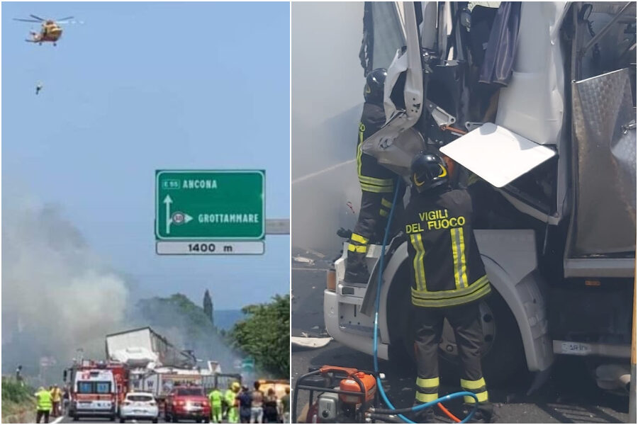 Maxi tamponamento tra tir sull’A14, due camionisti morti nell’impatto: mezzi in fiamme e un ferito grave