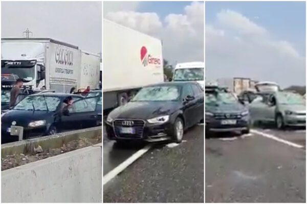 Violenta grandinata in autostrada, auto e camion distrutte da pioggia di “sassi”