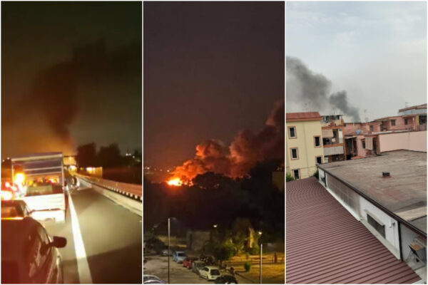 Vasto incendio al campo rom: “Fiamme e fumo da stanotte, l’aria è irrespirabile”