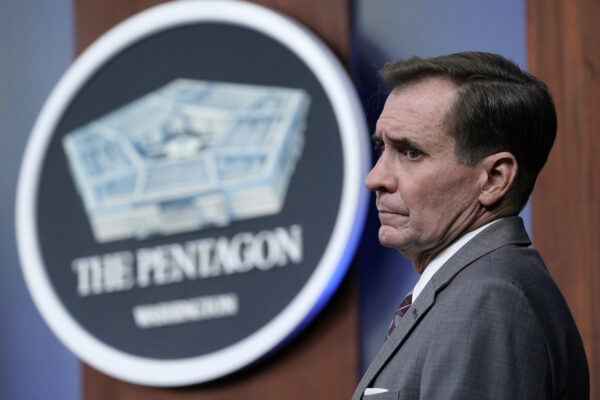 Pentagon spokesman John Kirby listens during a briefing at the Pentagon in Washington, Saturday, Aug. 28, 2021. (AP Photo/Susan Walsh)