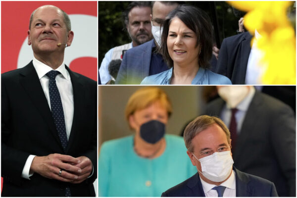 In senso orario: Annalena Baerbock (Verdi), Armin Laschet (Cdu), Olaf Scholz (Spd)