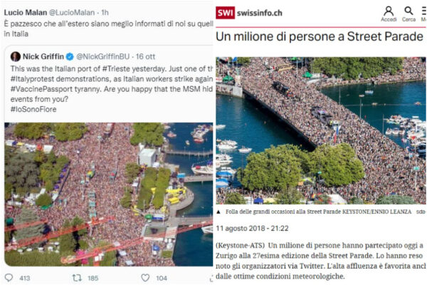 No Green pass, la foto fake delle proteste di Trieste (scattata a Zurigo) condivisa anche dal senatore Malan