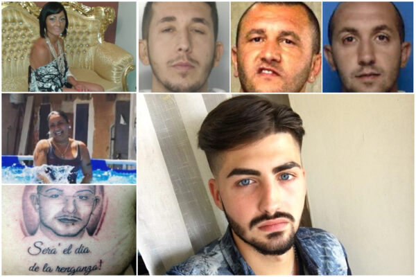 In alto da sinistra: Anna De Luca Bossa e i tre fratelli (Salvatore, Luigi e Marco) De Micco. Al centro la vittima Carmine D’Onofrio. Al centro e in basso a sinistra Annunziata D’Amico e un tatuaggio di Michele Minichini in ricordo del fratellastro Antonio ucciso per errore