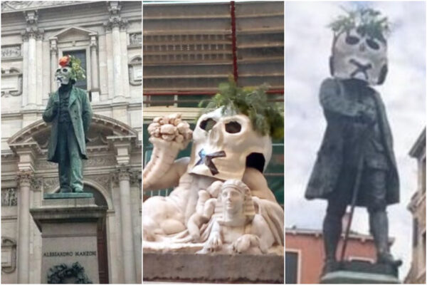 Teschi di cartapesta con la ‘X’ incappucciano le statue, il mistero in tante città da Napoli a Firenze