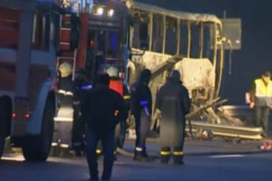 In this image made from video provided by Nova TV, a burnt out bus is seen after a crash in Bosnek, Bulgaria, Tuesday, Nov. 23, 2021. A bus crash in western Bulgaria early Tuesday has killed dozens of people, authorities said. (Nova TV via AP)