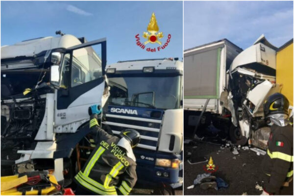 Maxi incidente sull’A4, schianto tra 3 camion: due autisti incastrati tra le lamiere, uno è grave