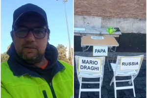 Stefano Puzzer, il portuale No Green Pass monta un banchetto a Roma: “Aspetto Draghi, il Papa, gli Usa e la Russia”
