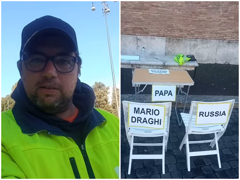 Stefano Puzzer, il portuale No Green Pass monta un banchetto a Roma: “Aspetto Draghi, il Papa, gli Usa e la Russia”