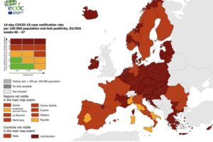 Solo Italia e Spagna, nell’Ue, presentano aree di colore giallo, quindi a rischio ancora non elevato di contagio. Il resto dell’Unione è rossa o rosso scusa. E’ quanto mostra la mappa aggiornata del Centro europeo per la prevenzione e il controllo delle malattie (Ecdc), 2 dicembre 2021. ANSA/ ++HO – NO SALES EDITORIAL USE ONLY++