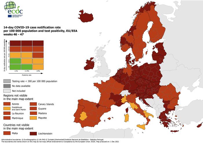 Solo Italia e Spagna, nell’Ue, presentano aree di colore giallo, quindi a rischio ancora non elevato di contagio. Il resto dell’Unione è rossa o rosso scusa. E’ quanto mostra la mappa aggiornata del Centro europeo per la prevenzione e il controllo delle malattie (Ecdc), 2 dicembre 2021. ANSA/ ++HO – NO SALES EDITORIAL USE ONLY++