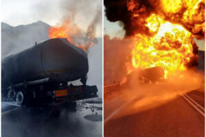 Inferno di fuoco sulla statale, a fuoco autocisterna carica di benzina: la motrice precipita nella scarpata