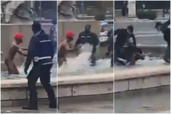 Uomo nudo entra nella fontana di Roma, schizza gli agenti che lo prendono a manganellate: il video è virale