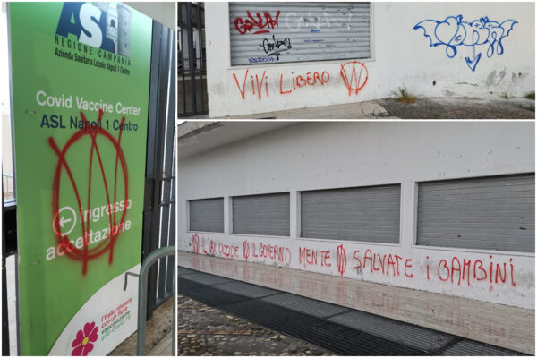 Scritte no vax al centro vaccinale della Mostra d’Oltremare: “Salvate bimbi, vaccino uccide” Scritte no vax al centro vaccinale della Mostra d’Oltremare: “Salvate bimbi, vaccino uccide”