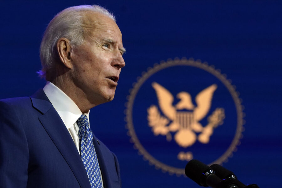 President-elect Joe Biden speaks at The Queen theater, Monday, Nov. 9, 2020, in Wilmington, Del. (AP Photo/Carolyn Kaster)