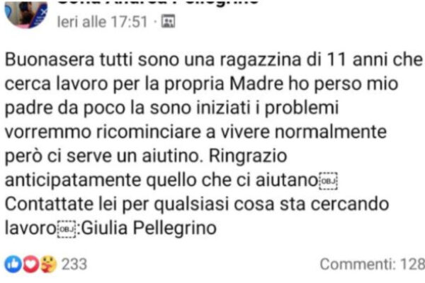 “Papà non c’è più e mamma è disoccupata”, l’appello della figlia 11enne: parte la gara di solidarietà