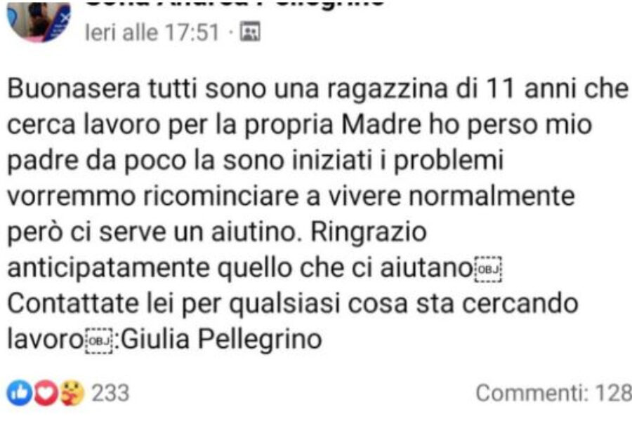 “Papà non c’è più e mamma è disoccupata”, l’appello della figlia 11enne: parte la gara di solidarietà