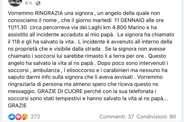 Allerta i soccorsi e salva la vita a un uomo, l’appello della famiglia: “Non sappiamo chi sei ma vogliamo dirti grazie”