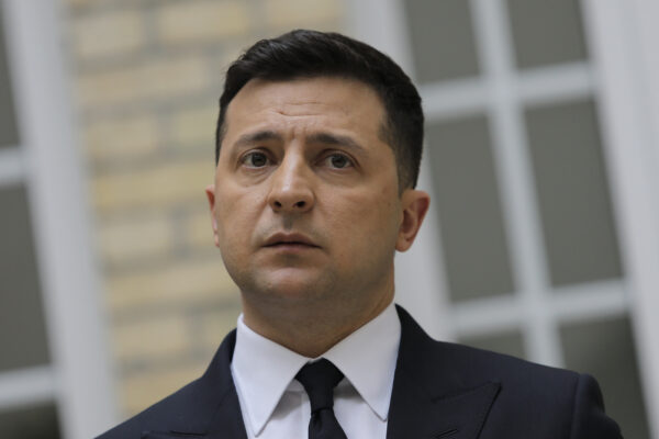 Ukrainian President Volodymyr Zelenskyy looks on during a press conference at the Ukrainian Embassy to France, Friday, April 16, 2021, in Paris. Ukrainian President Volodymyr Zelenskyy held talks with French President Emmanuel Macron and German Chancellor Angela Merkel amid his country’s growing tensions with neighboring Russia, which has deployed troops near its border with Ukraine. (AP Photo/Lewis Joly)