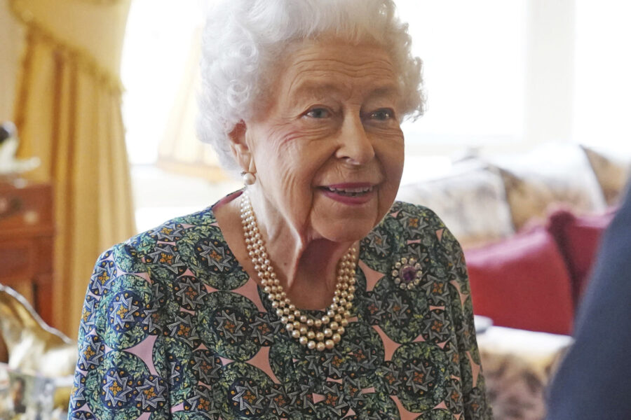 Queen Elizabeth II speaks during an audience at Windsor Castle where she met the incoming and outgoing Defence Service Secretaries, Wednesday Feb. 16, 2022. (Steve Parsons, Pool via AP)
