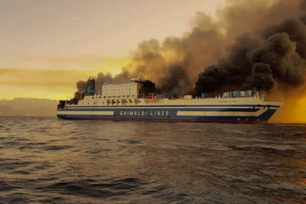 A ferry is on fire at the Ionian Sea near the island of Corfu, Greece, on Friday, Feb. 18, 2022. More than 280 people have been evacuated from the ferry in northwestern Greece that caught fire overnight, while heading to southern Italy, authorities said. (Lazos Madikos/debater.gr. via AP)