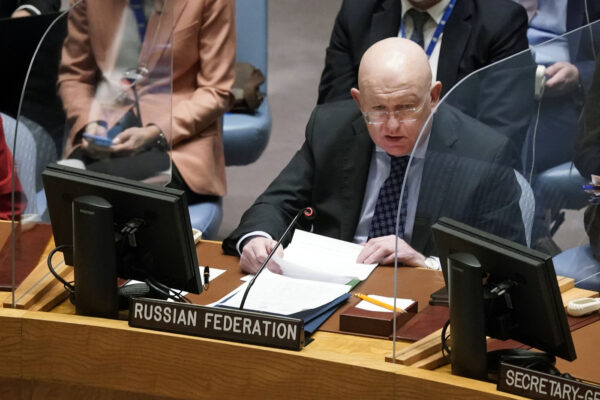 Russia’s UN Ambassador Vasily Nebenzya addresses the UN Security Council, Friday, March 4, 2022. The U.N. Security Council has scheduled an emergency open meeting on the attack on Ukraine’s largest nuclear power plant. (AP Photo/Richard Drew)