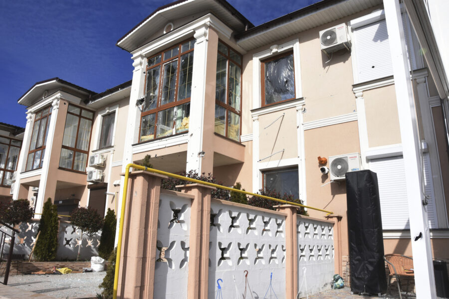 A view of a building damaged by shelling in Odesa, Ukraine, Monday, March 21, 2022. (AP Photo/Max Pshybyshevsky)