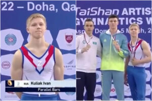 Sul podio con la ‘Z’ simbolo dell’invasione, lo sfregio del ginnasta russo ai Mondiali di Doha accanto all’avversario ucraino