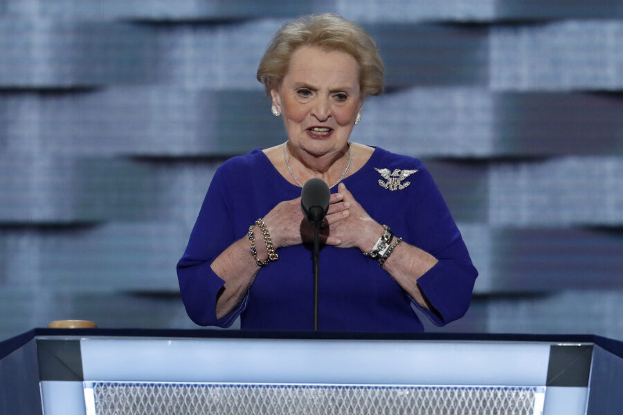 FILE – Former Secretary of State Madeleine Albright speaks during the second day of the Democratic National Convention in Philadelphia, July 26, 2016. Albright has died of cancer, her family said Wednesday, March 23, 2022.  (AP Photo/J. Scott Applewhite, File)