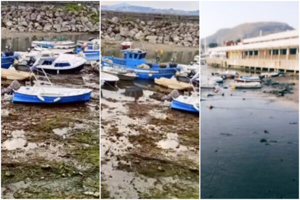 Campi Flegrei, bradisismo e bassa marea: l’acqua sparisce, barche nel fango nella darsena di Pozzuoli