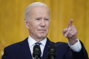 President Joe Biden calls on reporters for questions while speaking about the Russian invasion of Ukraine in the East Room of the White House, Thursday, Feb. 24, 2022, in Washington. (AP Photo/Alex Brandon)
