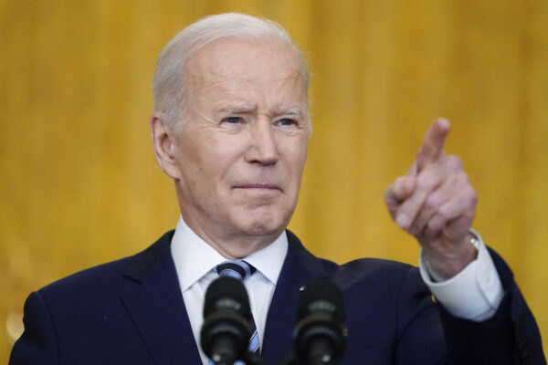 President Joe Biden calls on reporters for questions while speaking about the Russian invasion of Ukraine in the East Room of the White House, Thursday, Feb. 24, 2022, in Washington. (AP Photo/Alex Brandon)