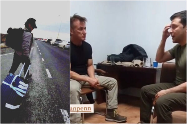 Sean Penn lascia a piedi l’Ucraina per la Polonia: la foto nella coda di auto in fuga