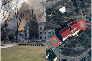 Le scritte “bambini” sul Teatro bombardato a Mariupol: “Distrutto, c’erano 500 civili”