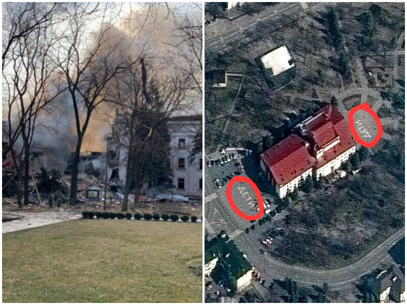 Le scritte “bambini” sul Teatro bombardato a Mariupol: “Distrutto, c’erano 500 civili”