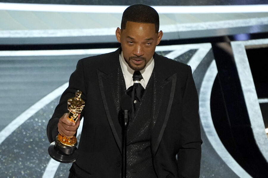 Will Smith accepts the award for best performance by an actor in a leading role for “King Richard” at the Oscars on Sunday, March 27, 2022, at the Dolby Theatre in Los Angeles. (AP Photo/Chris Pizzello)