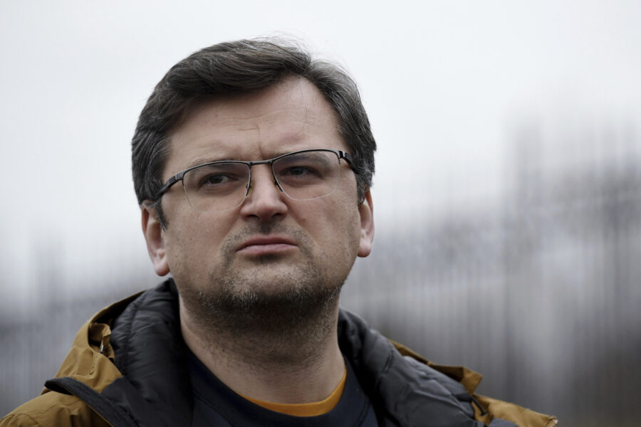 Ukrainian Foreign Minister Dmytro Kuleba stands at the Ukrainian-Polish border crossing in Korczowa, Poland, Saturday, March 5, 2022. (Olivier Douliery, Pool Photo via AP)