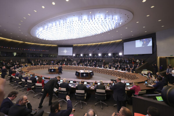 A general view of the North Atlantic Council roundtable during a meeting of NATO foreign ministers at NATO headquarters in Brussels, Thursday, April 7, 2022. Ukraine on Thursday appealed to NATO for more weapons in its fight against Russia to help prevent further atrocities like those reported in the city of Bucha, and urged Germany to slash red tape so that more supplies can get in. (AP Photo/Olivier Matthys)