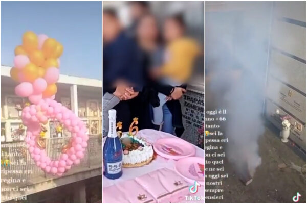 Festa di compleanno al cimitero, fuochi d’artificio, candeline e palloncini rosa: “Auguri mamma”