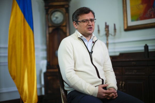 Ukrainian Foreign Minister Dmytro Kuleba answers a question during an interview with Associated Press at the Foreign Affairs Ministry in Kyiv, Monday, April 25, 2022. (AP Photo/Francisco Seco)