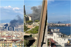 Vasto incendio a Napoli: colonna di fumo nero dal Centro Direzionale: “Tenete le finestre chiuse”