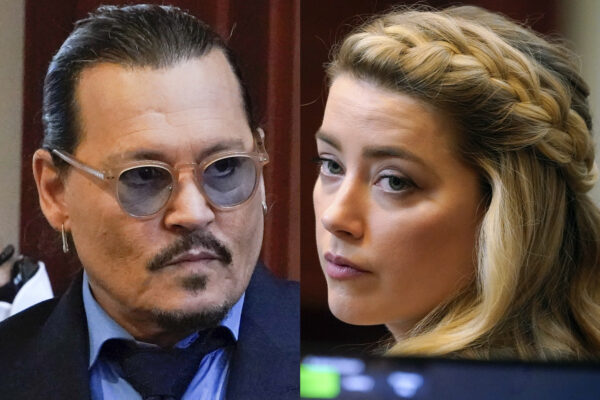 This combination of two separate photos shows actors Johnny Depp, left, and Amber Heard in the courtroom for closing arguments at the Fairfax County Circuit Courthouse in Fairfax, Va., on Friday, May 27, 2022. Depp is suing Heard after she wrote an op-ed piece in The Washington Post in 2018 referring to herself as a “public figure representing domestic abuse.” (AP Photos/Steve Helber, Pool)