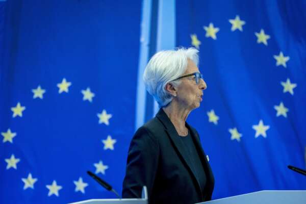 Christine Lagarde, President of the European Central Bank speaks during a press conference following a meeting of the governing council in Frankfurt, Germany, Thursday, July 21, 2022. (AP Photo/Michael Probst)