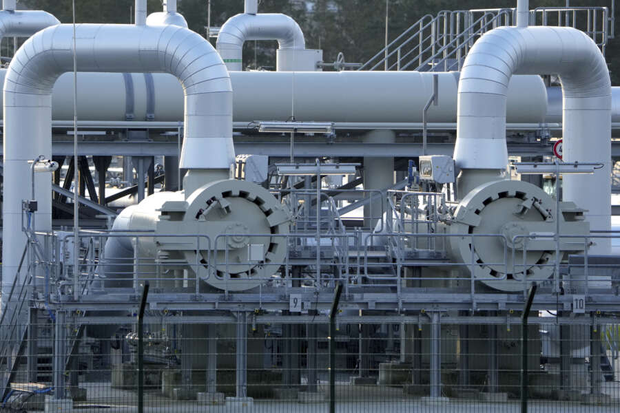 Pipes at the landfall facilities of the ‘Nord Stream 2’ gas pipline are pictured in Lubmin, northern Germany, Tuesday, Feb. 15, 2022. Nord Stream 2 is a 1,230-kilometer-long (764-mile-long) natural gas pipeline under the Baltic Sea, running from Russia to Germany’s Baltic coast. (AP Photo/Michael Sohn)