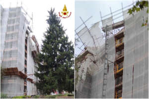 Crolla impalcatura vicino scuola, operai cadono dal sesto piano: tre feriti, uno è in condizioni disperate