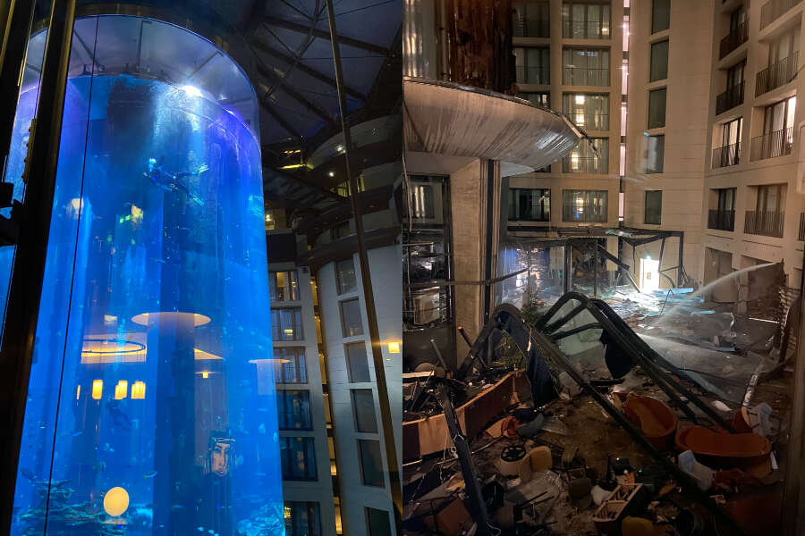 Esplode il più grande acquario cilindrico al mondo: due feriti, 1500 pesci morti e un milione di litri d’acqua per strada