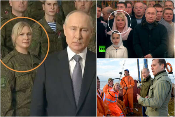 La comparsa di Putin, il ‘mistero’ sulla donna onnipresente nelle foto dello Zar: la propaganda russa la schiera come soldatessa, fedele devota e marinaia…
