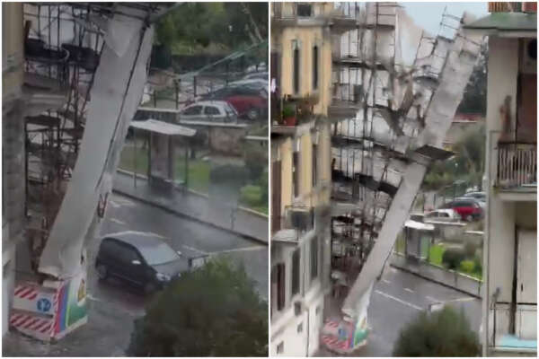 Maltempo e miracoli a Napoli, impalcatura crolla in via Aniello Falcone: “Fate presto, passano auto e pedoni”