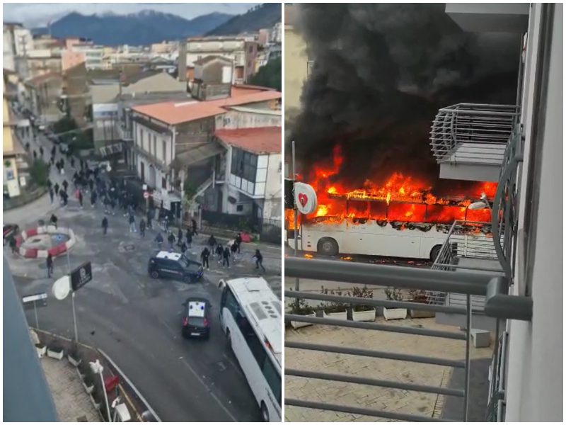 Guerriglia tra tifosi in città: scontri e bus in fiamme nel derby Paganese-Casertana